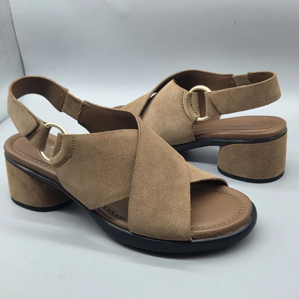 Ecco cross strap slingback sandals Tan Suede Shaped Heel Women EU 39 US 8.5 New